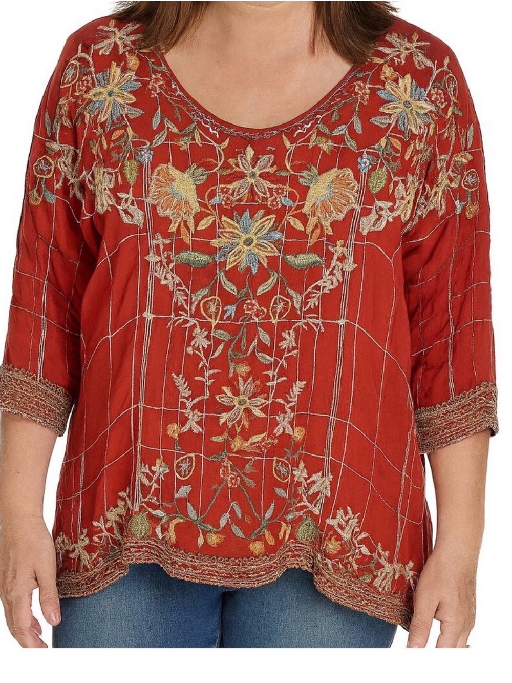 Johnny Was Red/orangeEmbroidered Floral Tunic Size Large